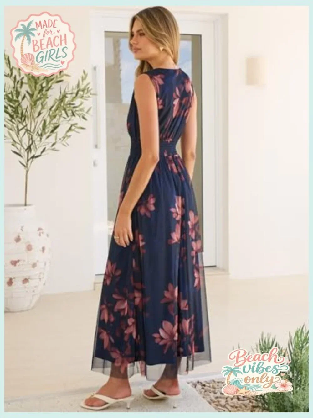 Floral Maxi Dress for Wedding Guest, Sleeveless A-Line Tulle - Picture 3 of 7